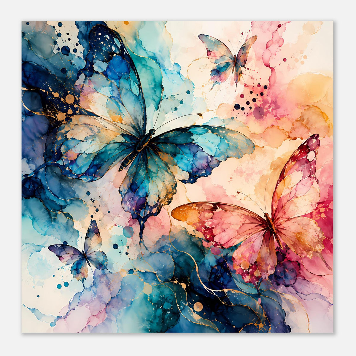 Aquarell-Schmetterlingsposter mit dichtem Motiv aus blauen und rosafarbenen Schmetterlingen