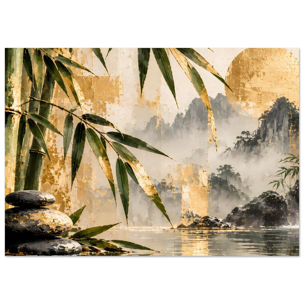 Bambus-Wasserfallposter: schwarze Steine am Ufer, goldene Wellen und grünes Blattwerk