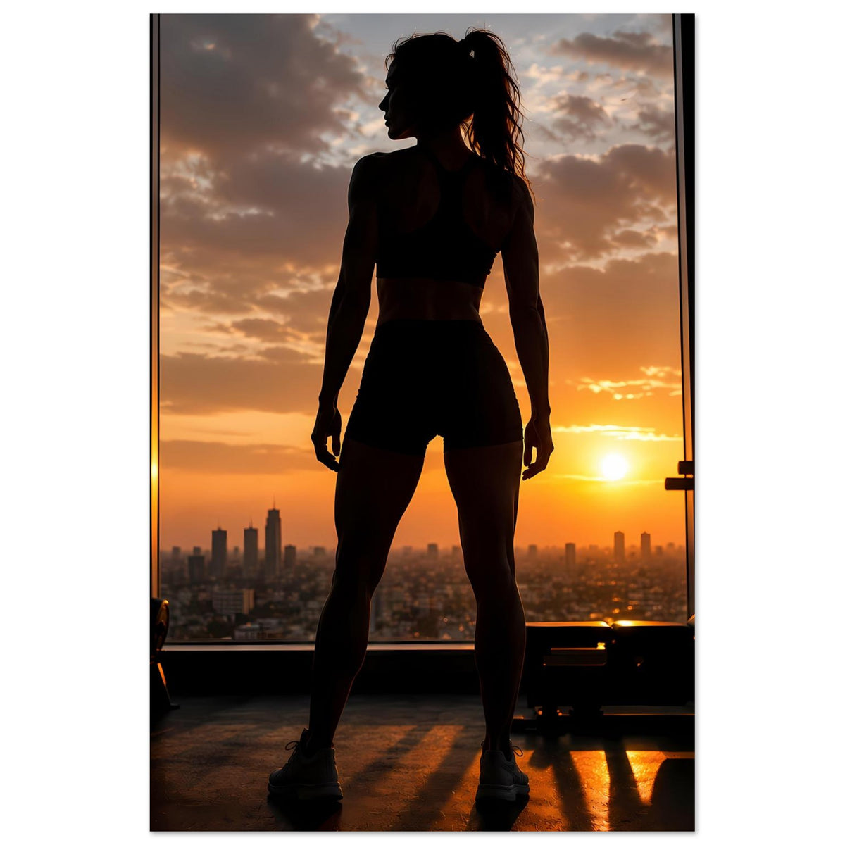 Vertikales Fitness-Poster: Silhouette einer Frau mit Sonnenuntergang und Gym-Elementen
