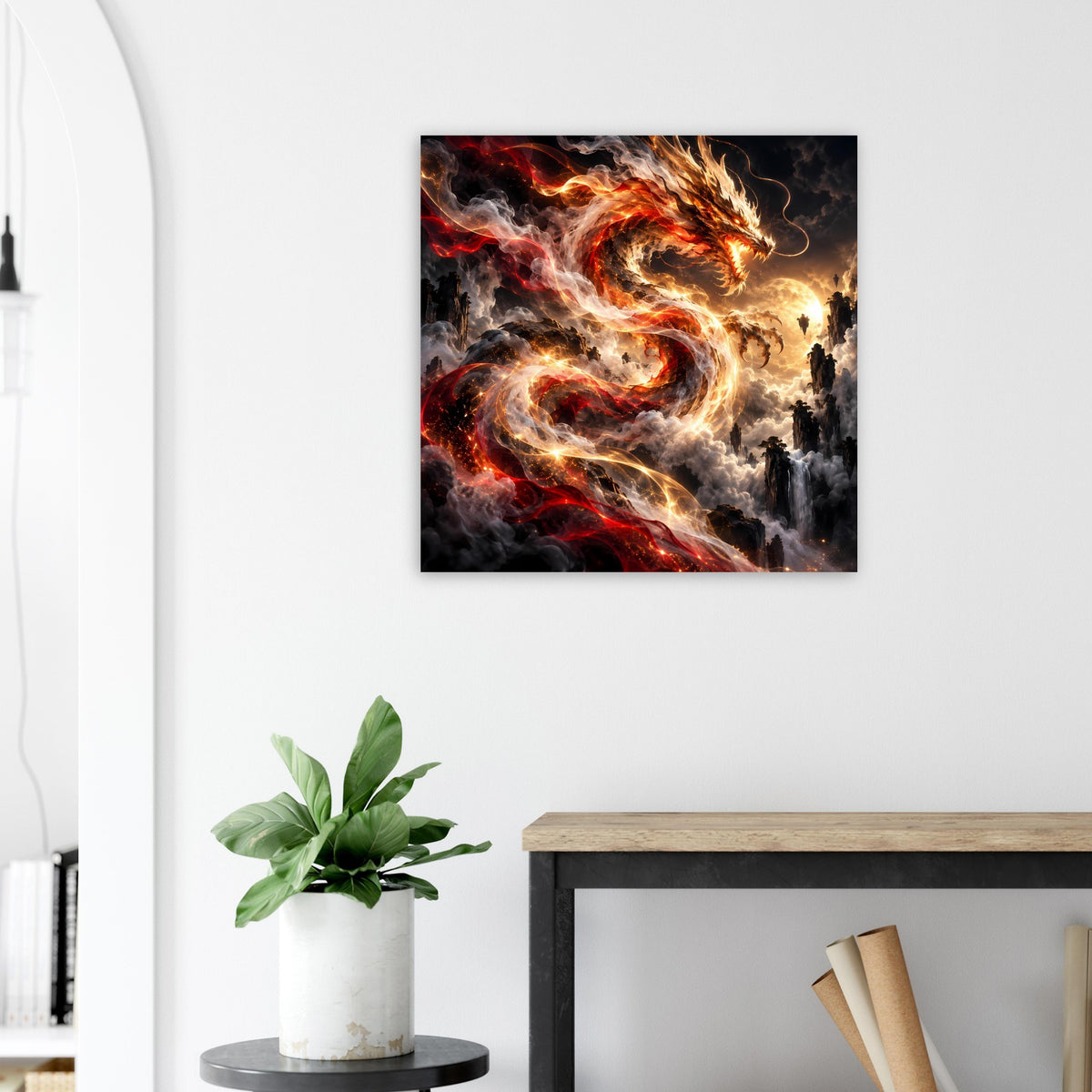 Quadratisches Fantasy-Poster mit Drachenflammen in Rot und Gold, schimmernde Feuerspur