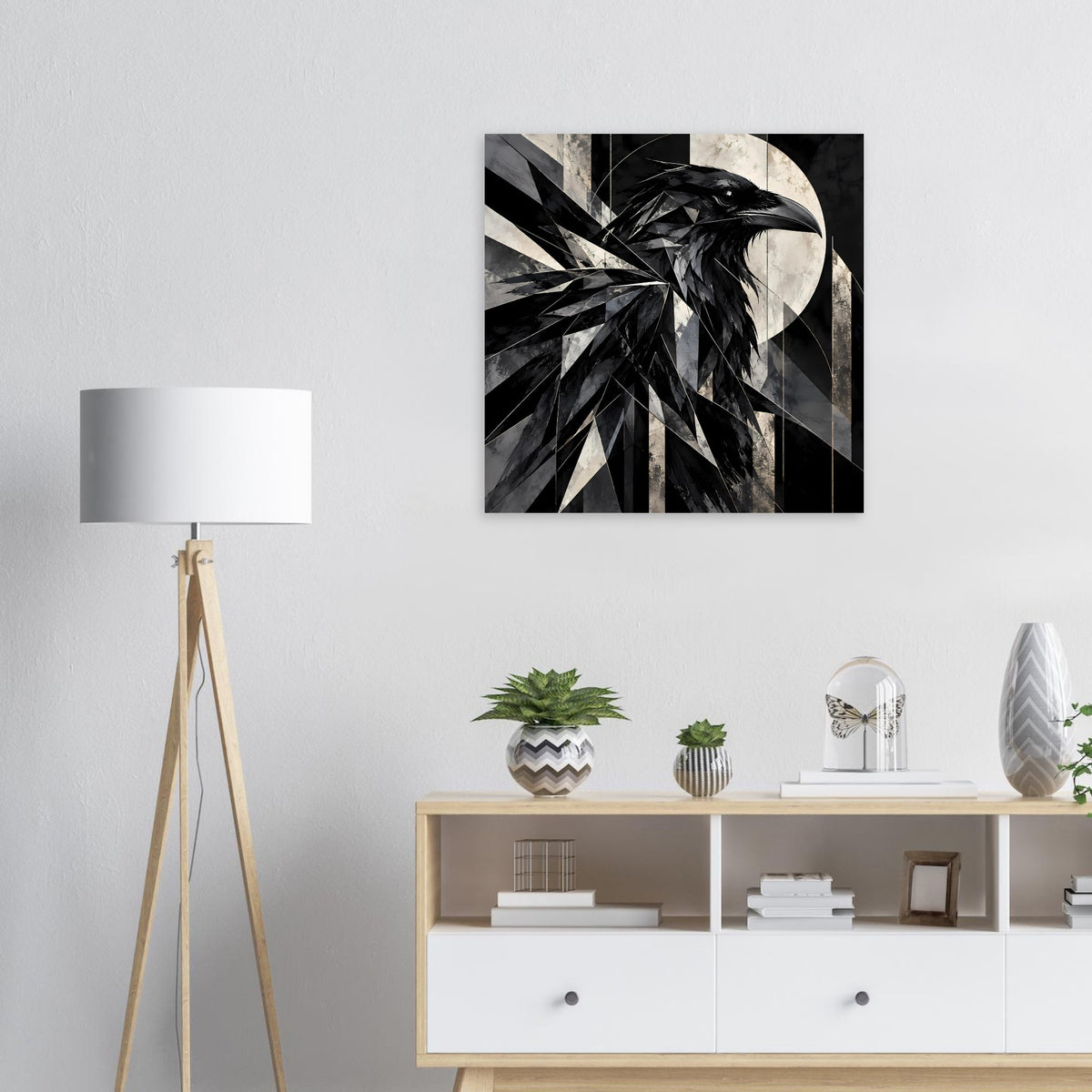 Rechteckiges Kunstposter mit geometrischem Rabenmotiv in Schwarzweiß