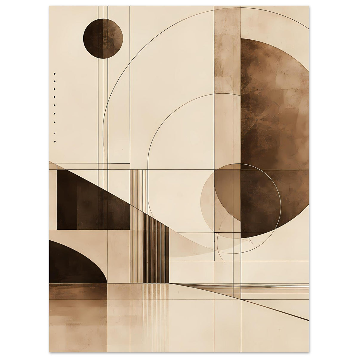 Kunstdruck im Bauhaus-Look in Sepia: Kreis und Linien, kontrastreiche schwarze Flächen und Streifen.
