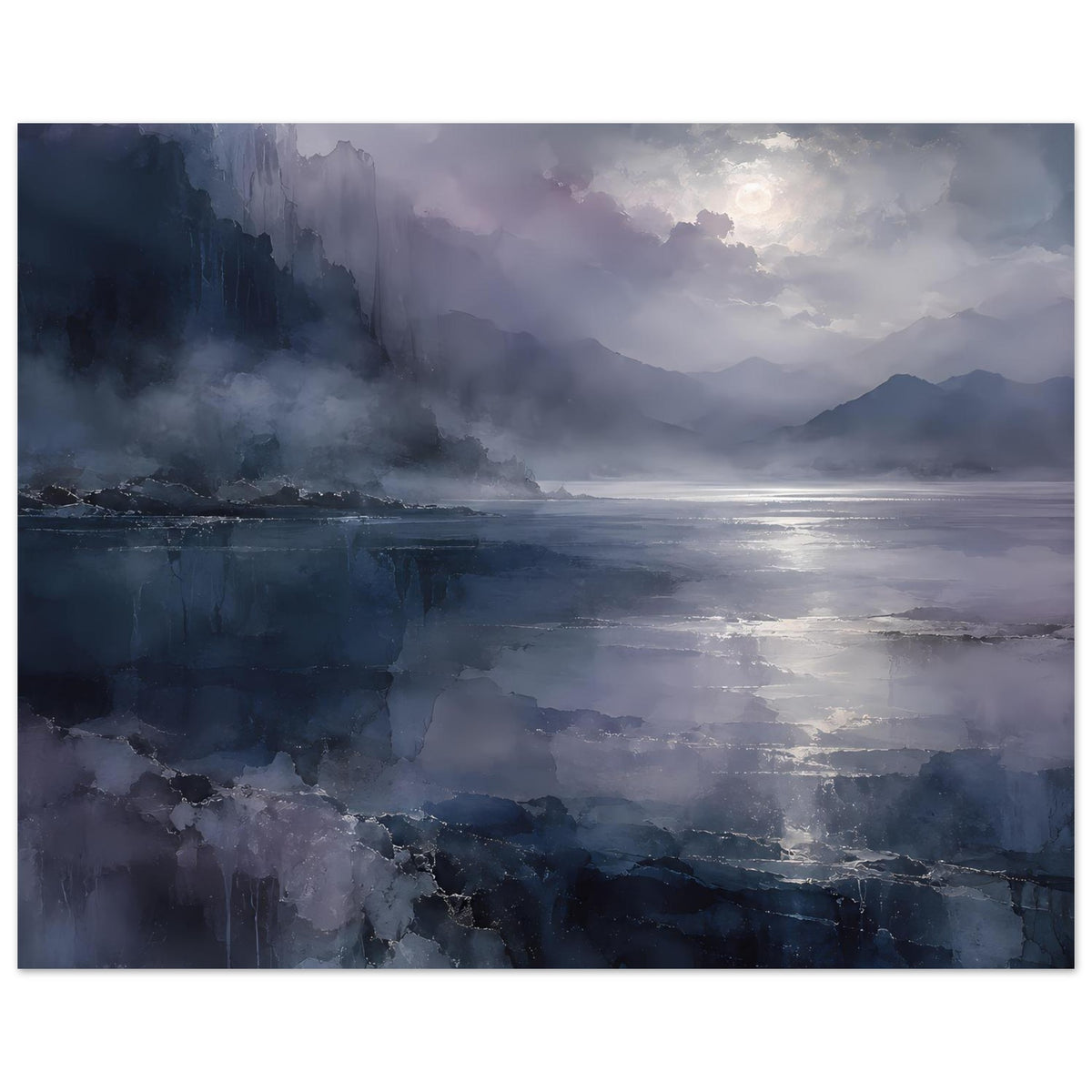 Querformat-Poster: Berge im Dunst, flaches Meer und verwaschene Blau- und Grautöne.
