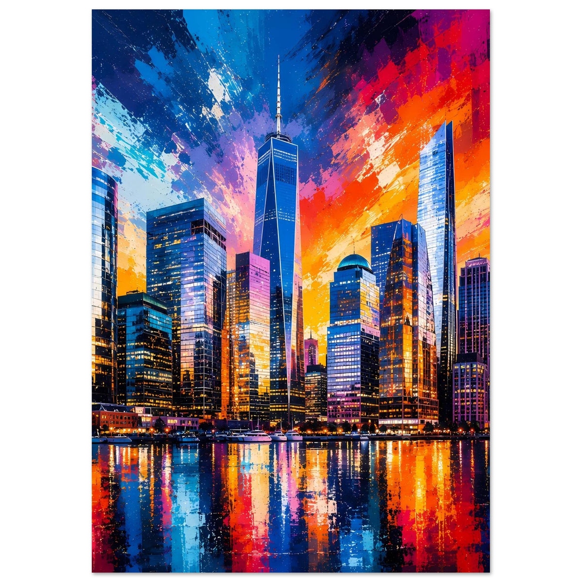 Poster mit Skyline bei Sonnenuntergang, beleuchtete Hochhäuser und Spiegelbild im Wasser
