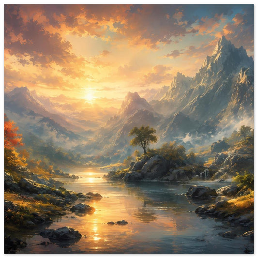 Kunstdruck-Poster mit Berglandschaft, Fluss und Felsen bei Sonnenuntergang
