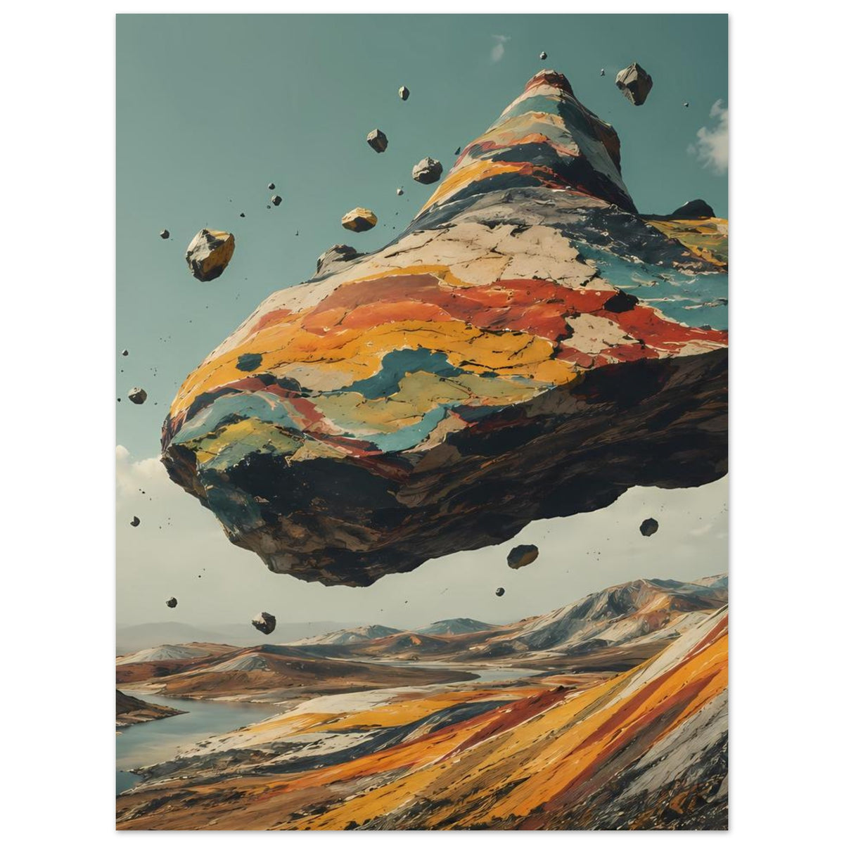 Poster mit schwebendem Bergmotiv in kräftigen Erdtönen, vertikales Format