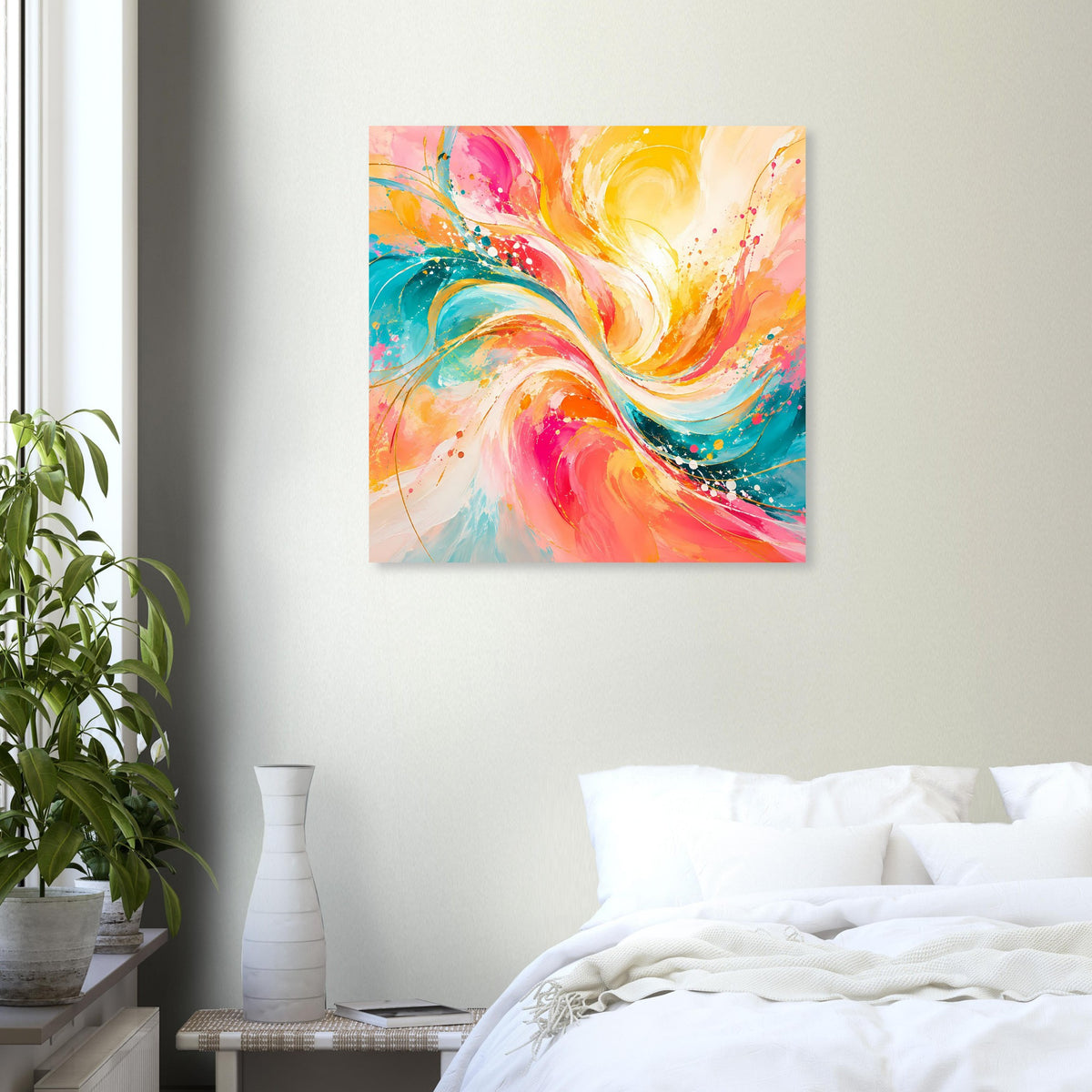 Quadratisches Kunstposter mit lebhaften Strömungen in Orange, Pink, Gelb und Türkis