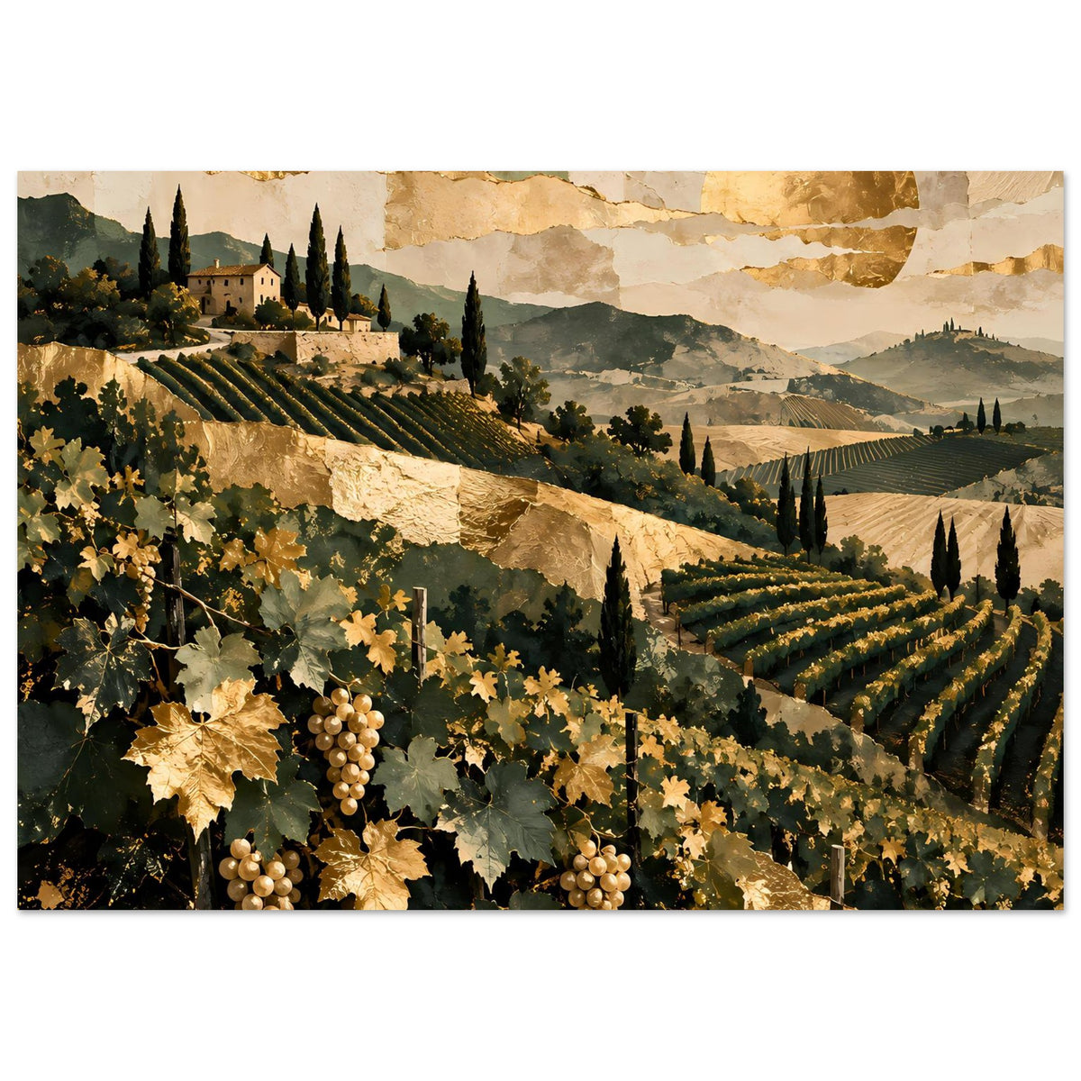 Querformat-Landschaftsposter: Weinberge mit Traubenreben, Zypressen und Hügeln bei Abendsonne