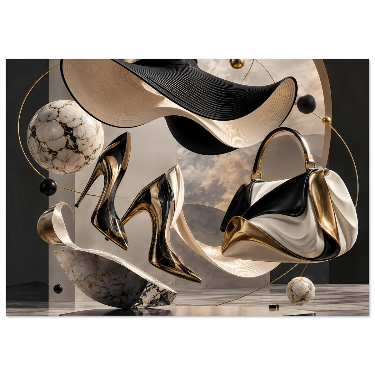 Modekunst-Poster mit schwarzen High-Heels, cremefarbenen Einsätzen und Gold