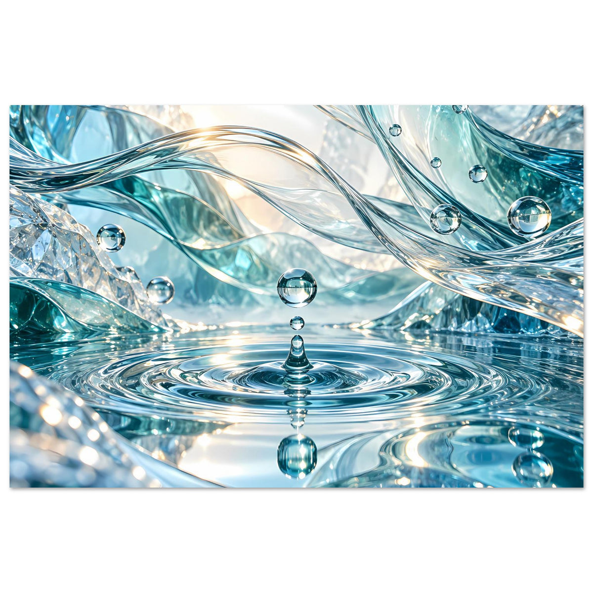 Wasserwelt-Poster mit blauem Wasserwirbel, gläsernen Tropfen und welligen Lichtreflexen
