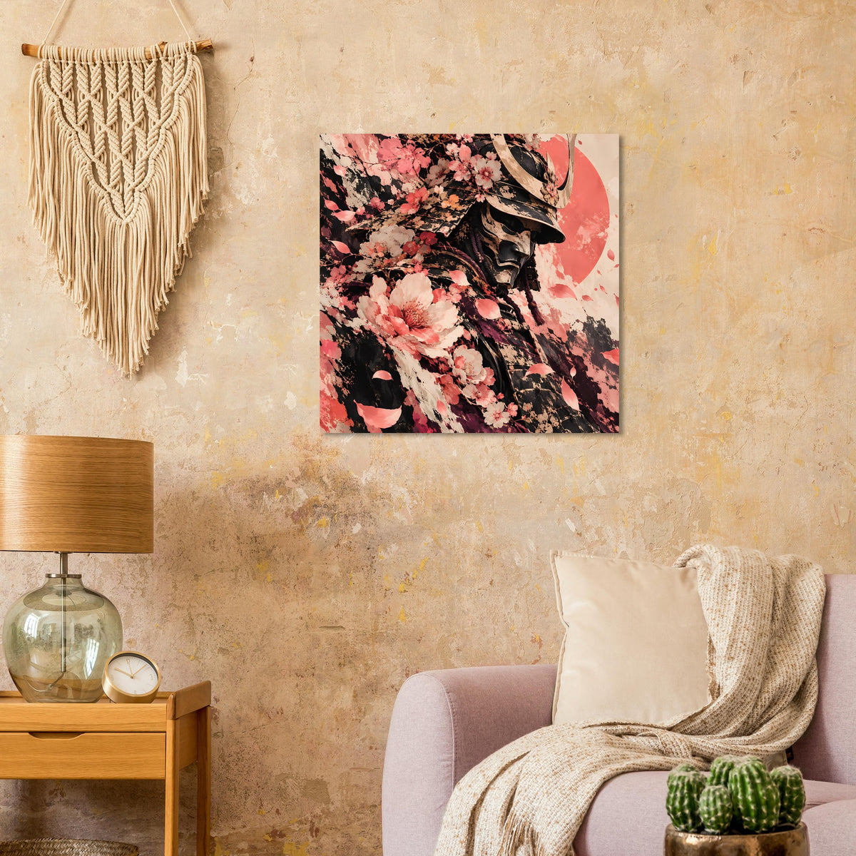 Quadratisches Poster mit schwarzem Samurai und rosa Kirschblüten, roter Kreis im Hintergrund