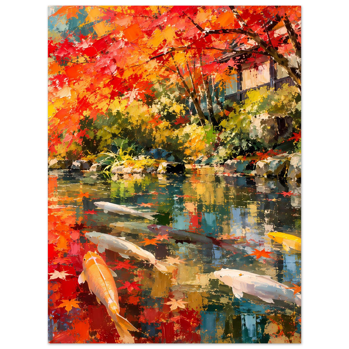 Herbstliches Teich-Poster mit Koi-Fischen im bunten Wasser und farbigen Blättern am Ufer