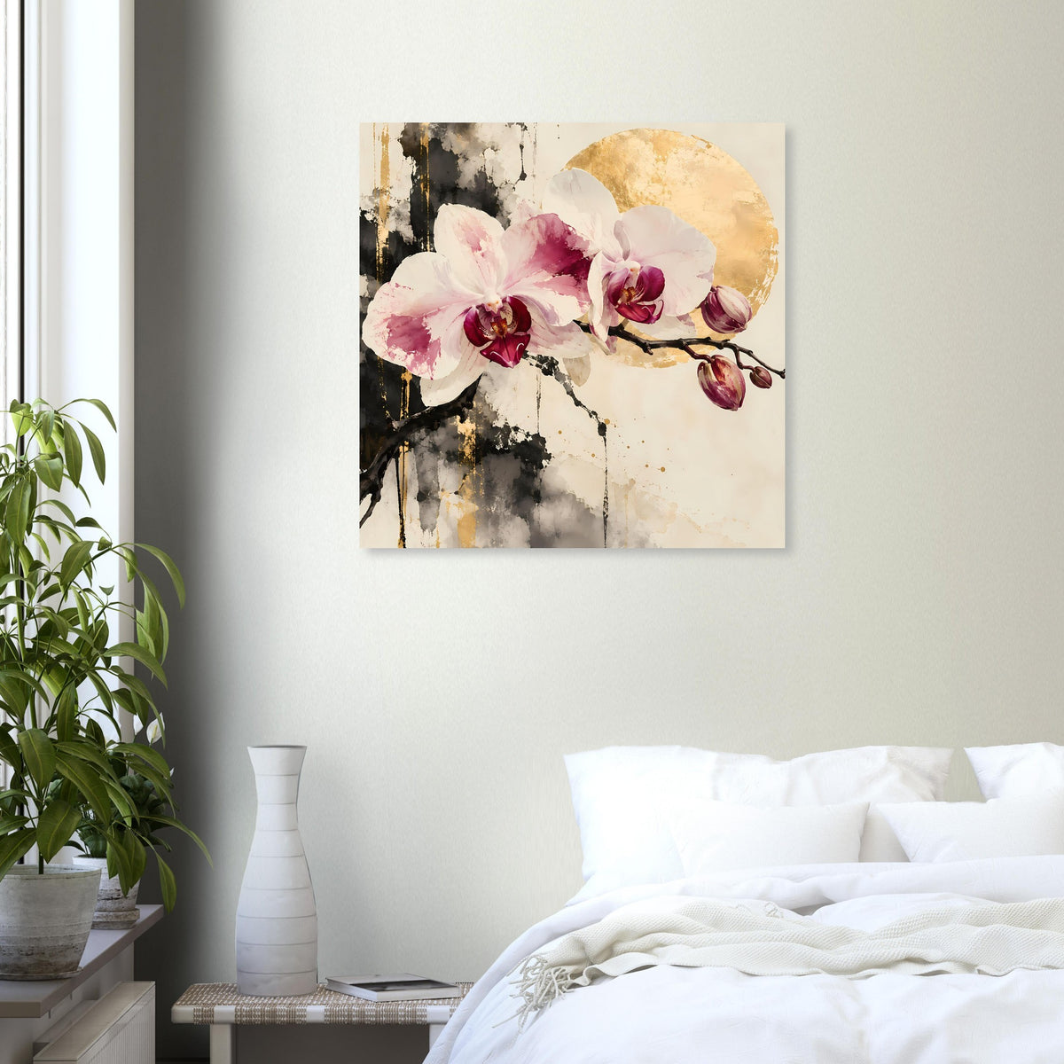 Gerahmtes Orchideenblüten-Poster in Rosa und Weiß mit goldenem Halbkreis und schwarzen Spritzern