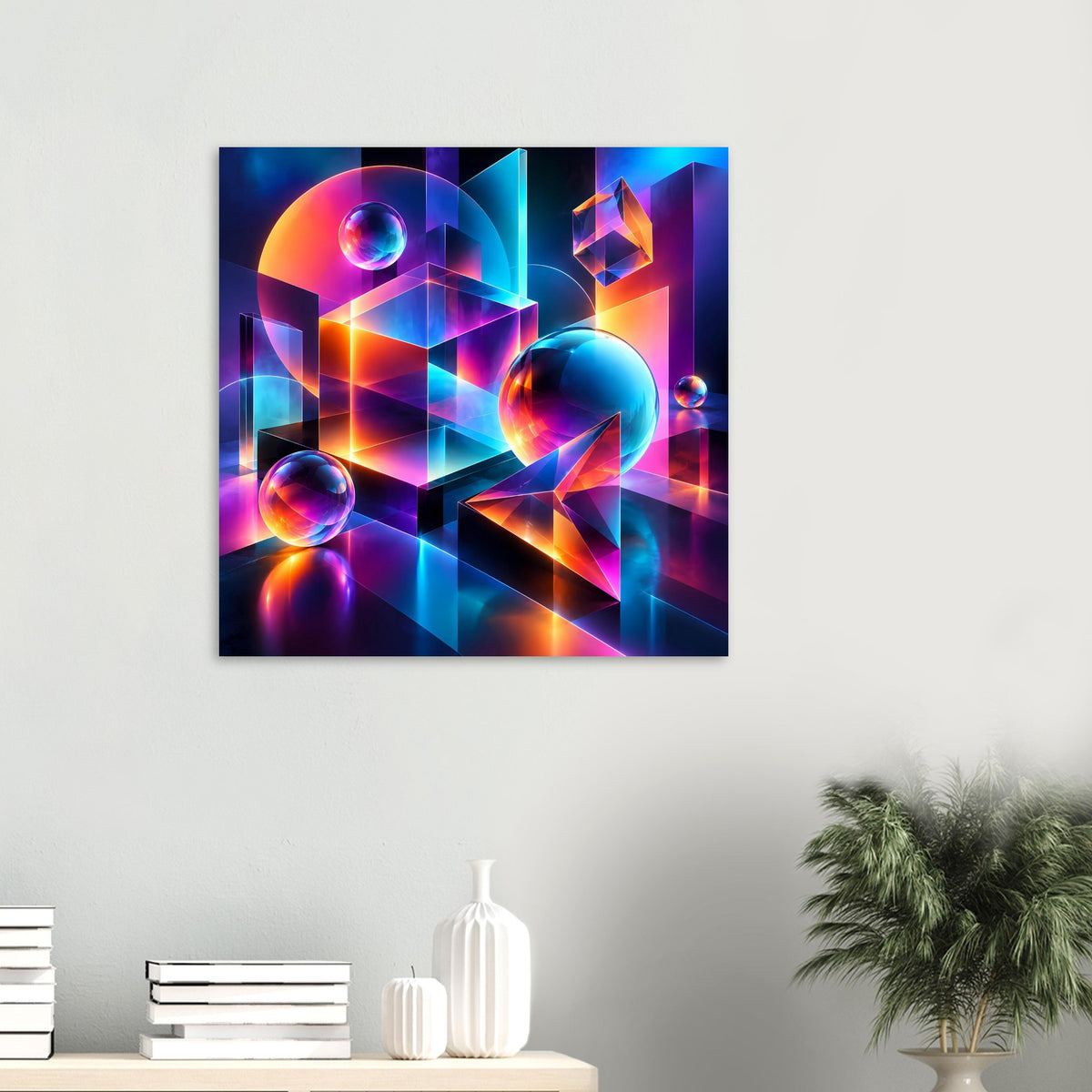 Neon-Geometrieposter mit geometrischem Aufbau, Glaskugeln und regenbogenartigen Lichtkanten