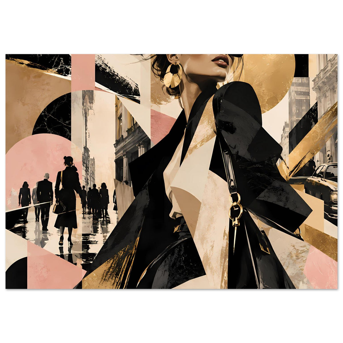 Mode-Poster mit Fashion-Figur in Schwarz, Gold und Pastell, abstrakte Stadtgrafik im Querformat