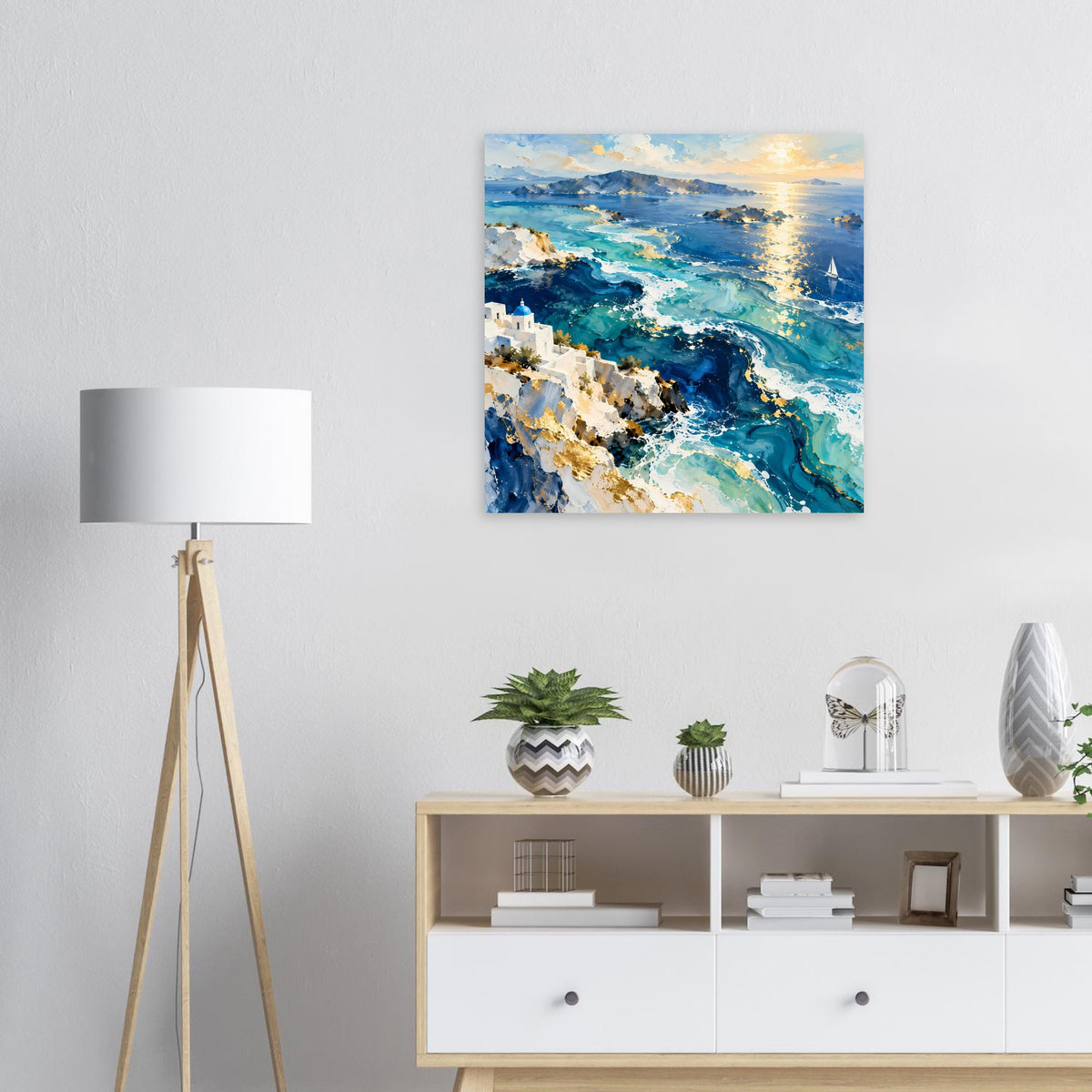 Posterdruck mit Meeresküste, türkisblauen Wellen und Sonnenaufgang über dem Wasser