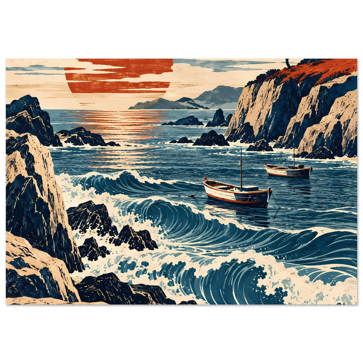 Horizontales Küstenwellen-Poster mit mehreren Segelbooten, Wellen und Klippen im Sonnenuntergang.