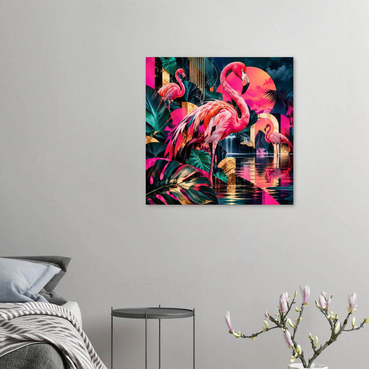 Kleines Poster: Flamingos auf buntem Hintergrund mit tropischen Blättern und Wasserreflexionen