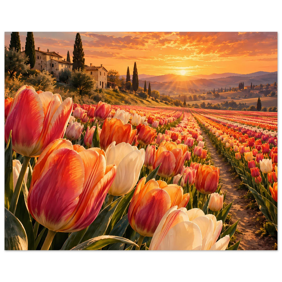 Horizontales Poster mit Tulpenallee und tiefem Abendsonnenlicht