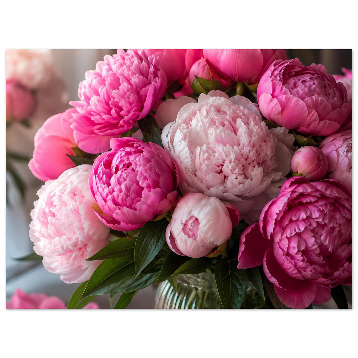 Blumenposter: Strauß aus pinken, fuchsiafarbenen und weißen Pfingstrosen