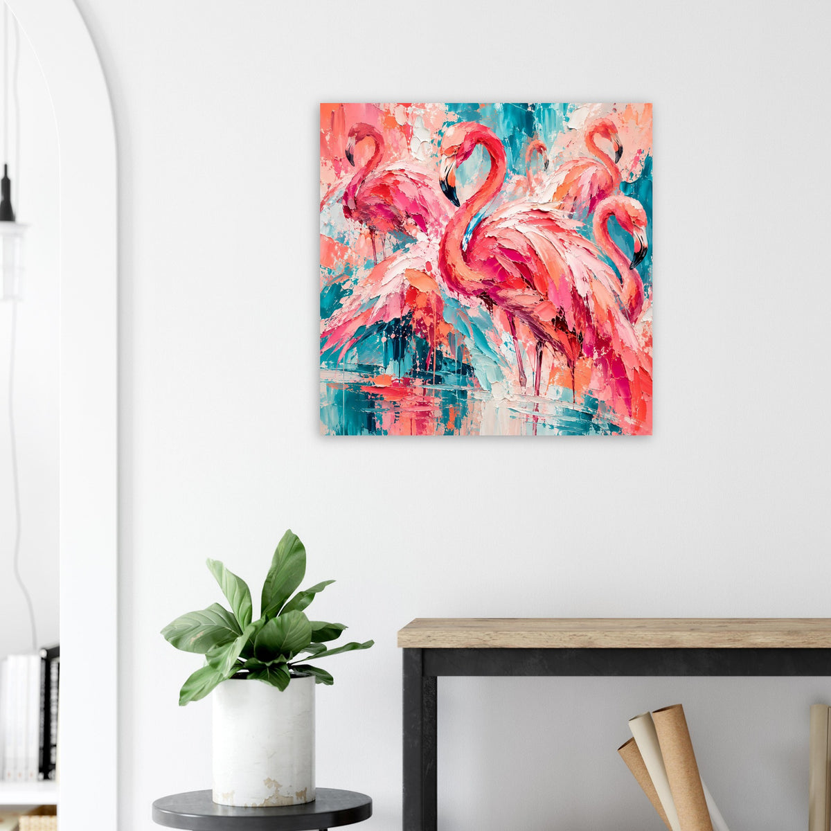 Flamingo-Kunstposter mit pink-türkis Vogelmotiv und türkisblauen Spritzern, abstrakt