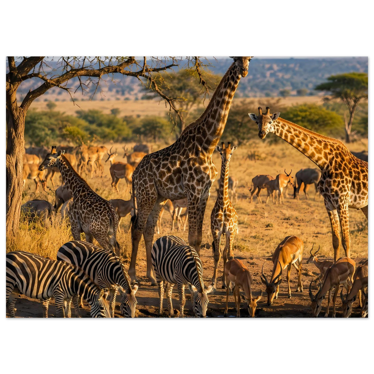 Breitformat-Poster mit Safari-Wildlife-Szene: Giraffen, Zebras und Antilopen im Warmgold