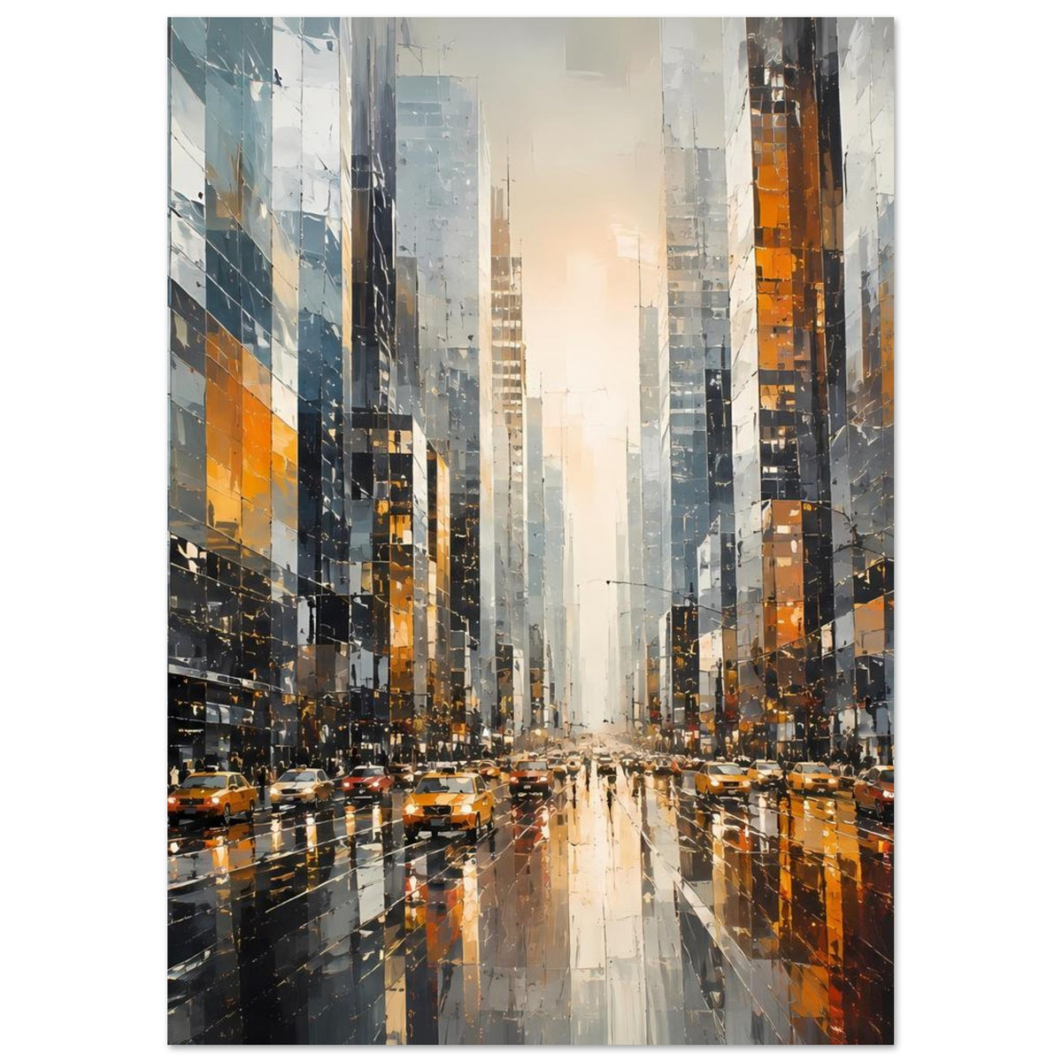 Großstadtstraßen-Poster mit gelben Taxis, Lichtspuren auf nasser Straße und Hochhäusern