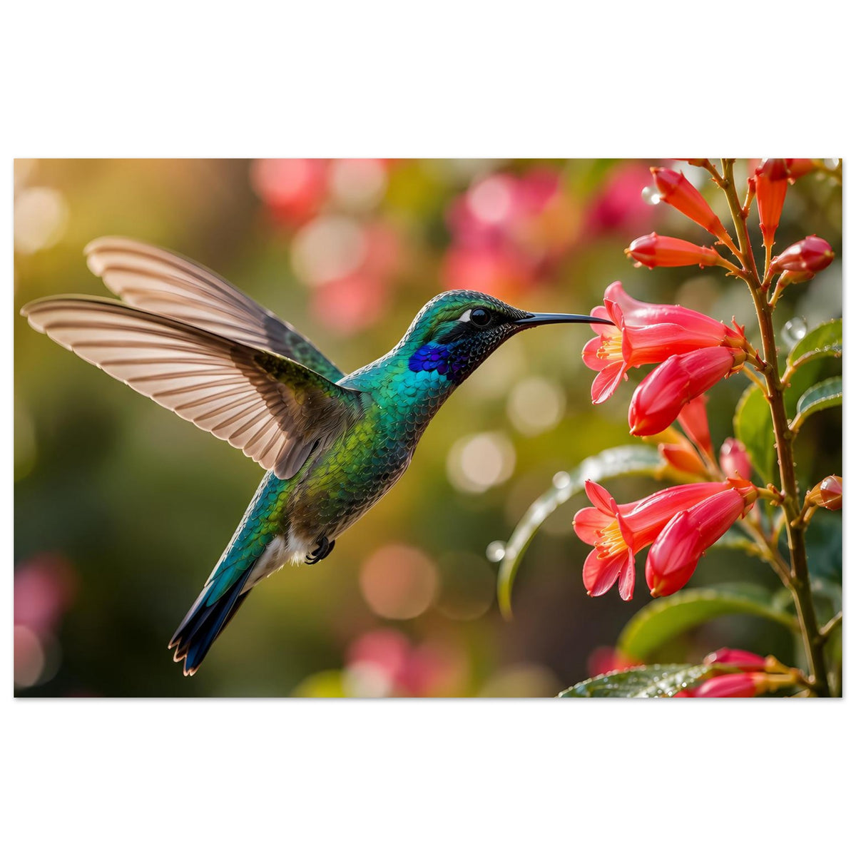 Poster mit farbenfrohem Kolibri im Flug vor roten Blüten am Ast