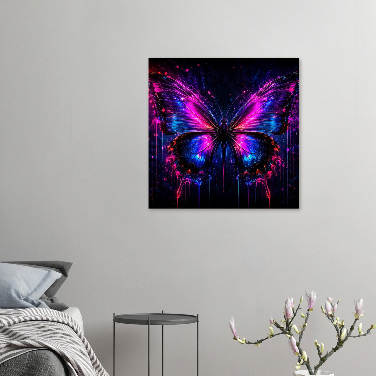 Kleines Poster mit leuchtendem Schmetterling in Neonfarben, kompakter Druck mit Rahmen