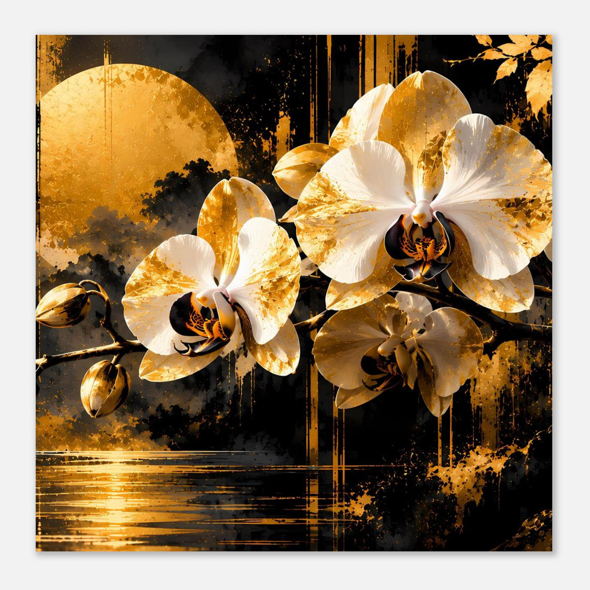 Blumenposter mit goldweißen Orchideenblüten, goldene Flächen und schwarze Spritzer