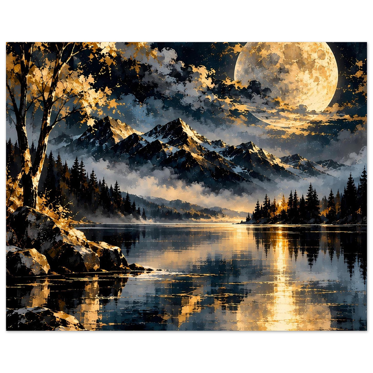 Poster im Querformat: Mond über Bergen, Seeufer und leuchtende Reflexionen