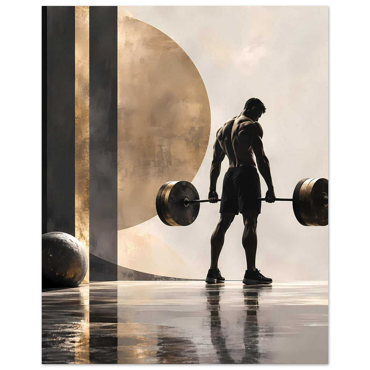 Fitness-Poster: Silhouette mit Langhantel, seitliche Gewichte und abstrakter Gold-Grau-Hintergrund.