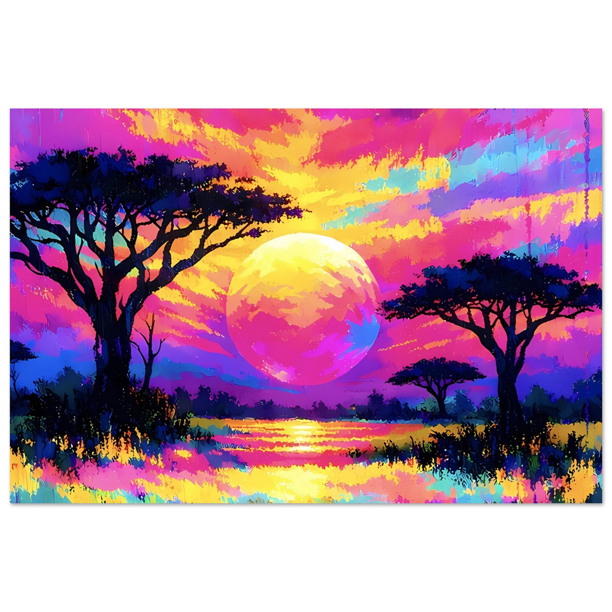 Neon-Landschaftsposter im Querformat: Sonne am Horizont, Spiegelung im Wasser, bunte Farbflecken und Bäume