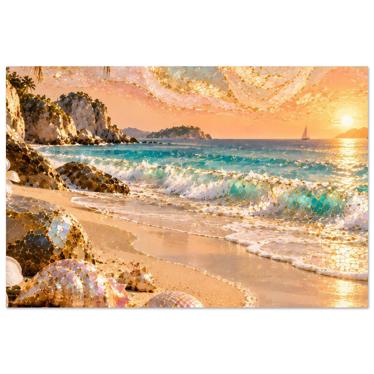 Horizontales Strandposter mit Muscheln, funkelnden goldenen Mosaikdetails und Abendhimmel