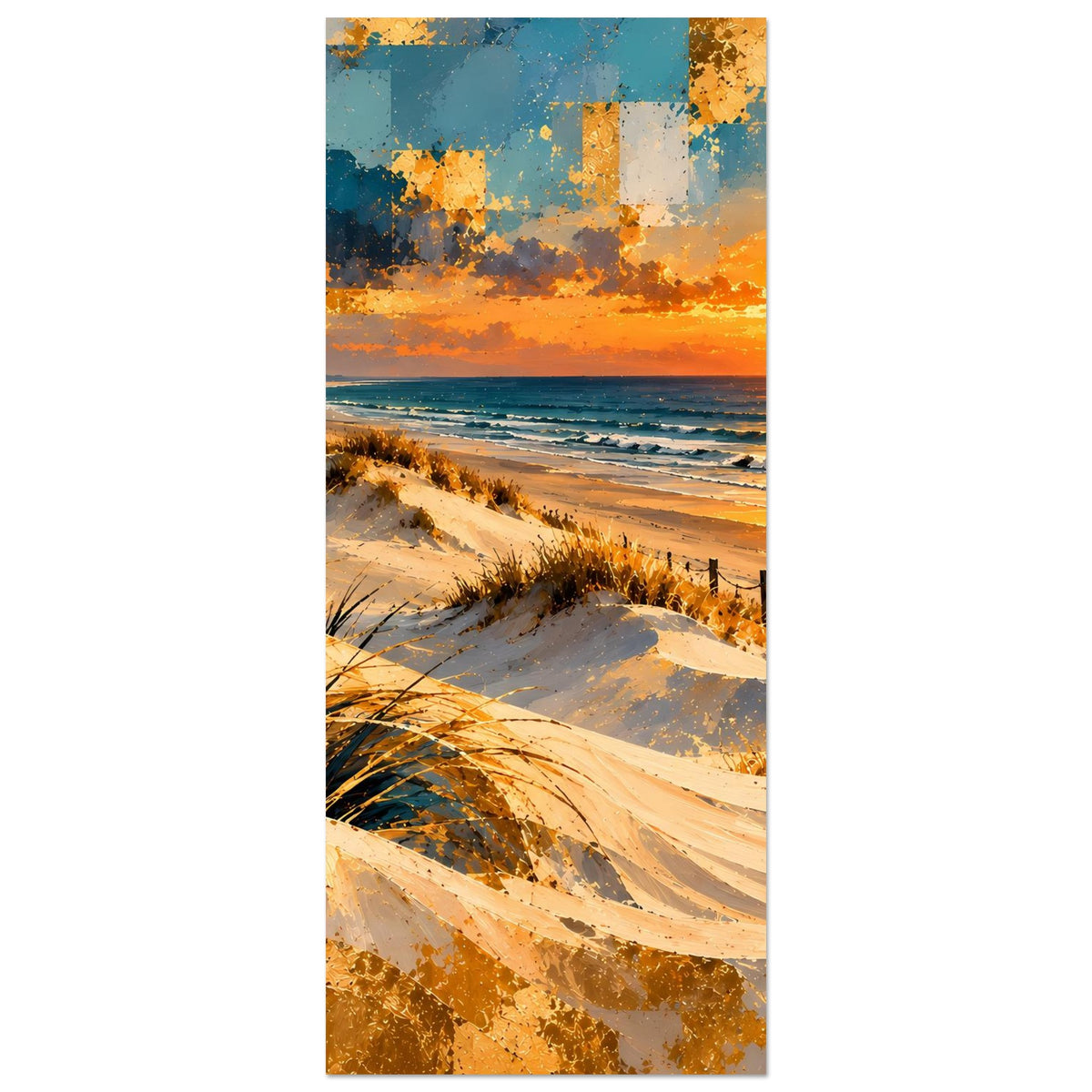 Vertikales Strandposter: Sonnenuntergang über dem Meer, Dünen mit Sand und Gräsern