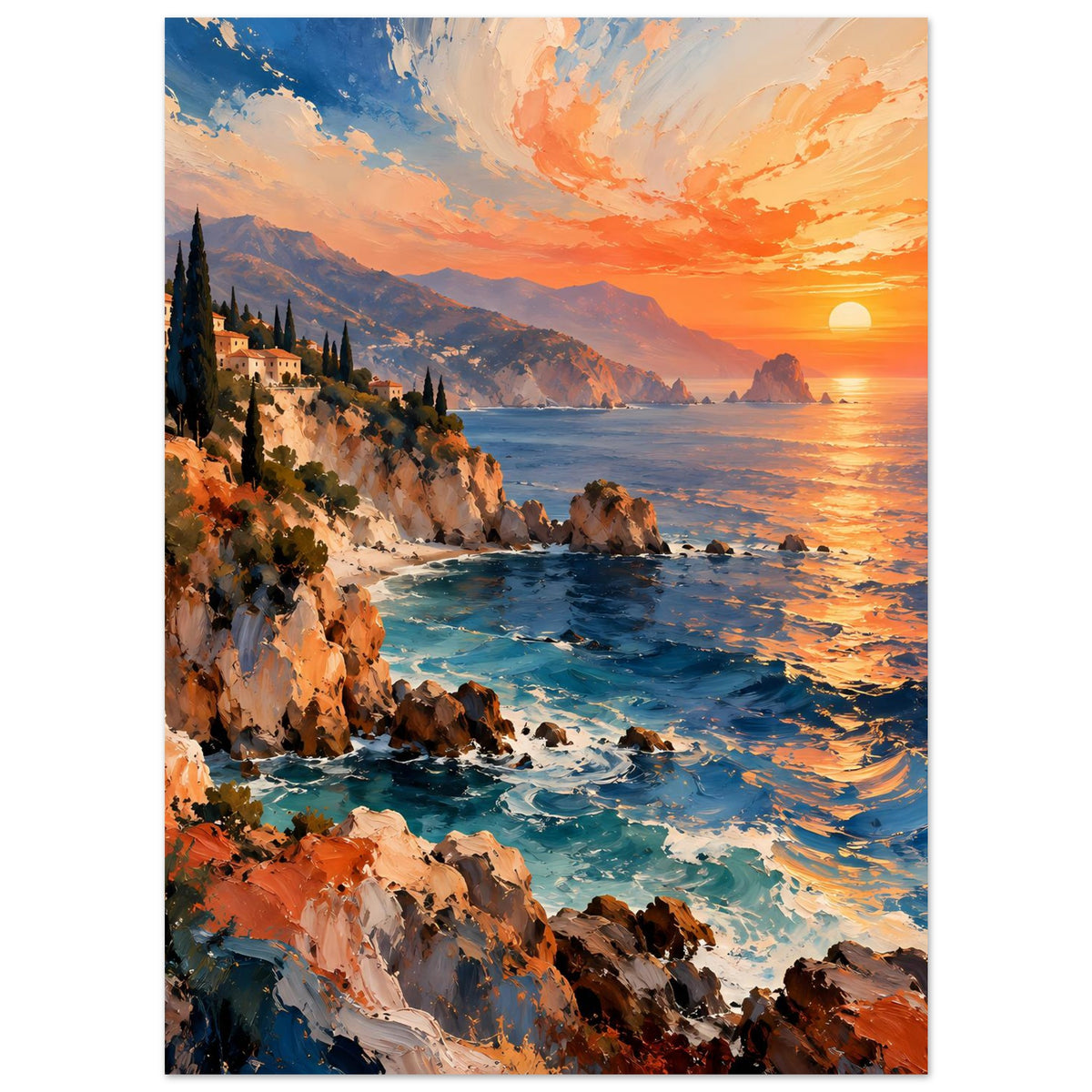 Küstenlandschafts-Poster: Meer bei Sonnenuntergang, Klippen mit Bäumen und Gebäude