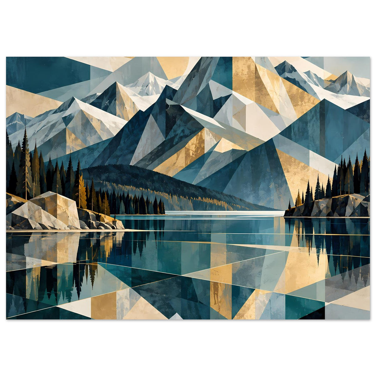 Horizontales Poster mit geometrischem Gebirge, See und Tannenwald, klare Flächen in Blau/Beige