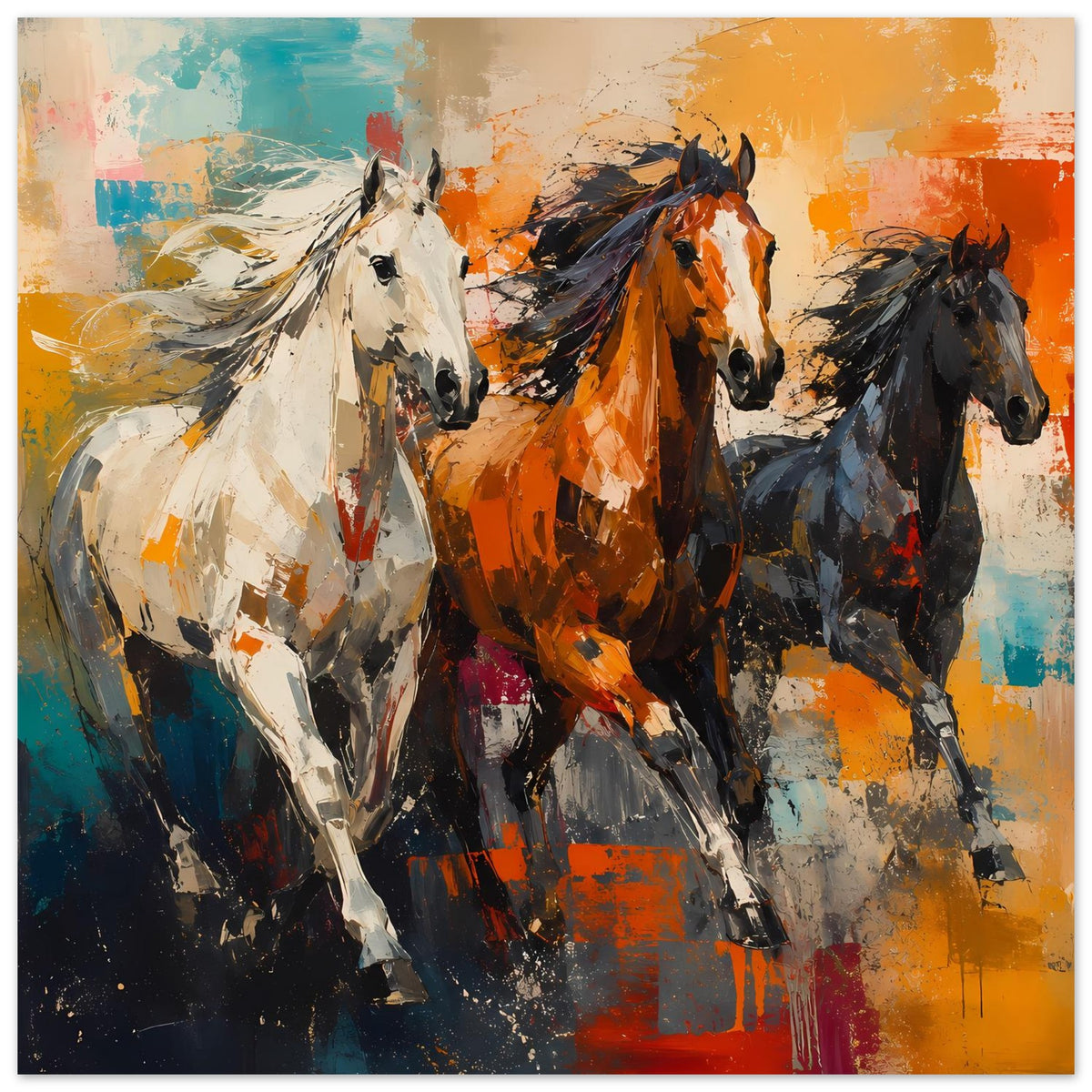 Poster mit drei galoppierenden Pferden, abstrakte Orange-Blau-Painting-Optik mit Spritzern