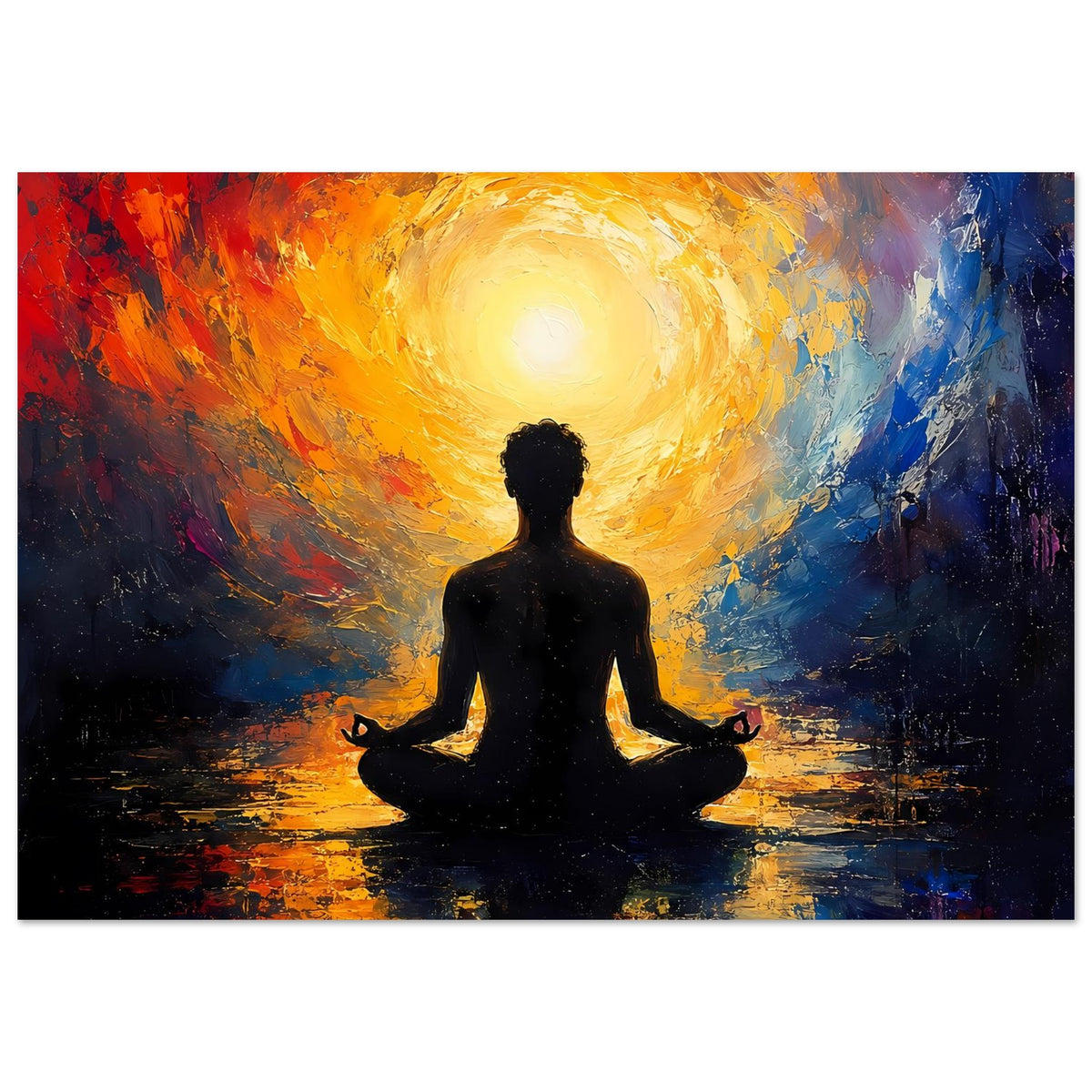 Zen-Poster im Querformat: sitzende Silhouette mit goldener, leuchtender Aura
