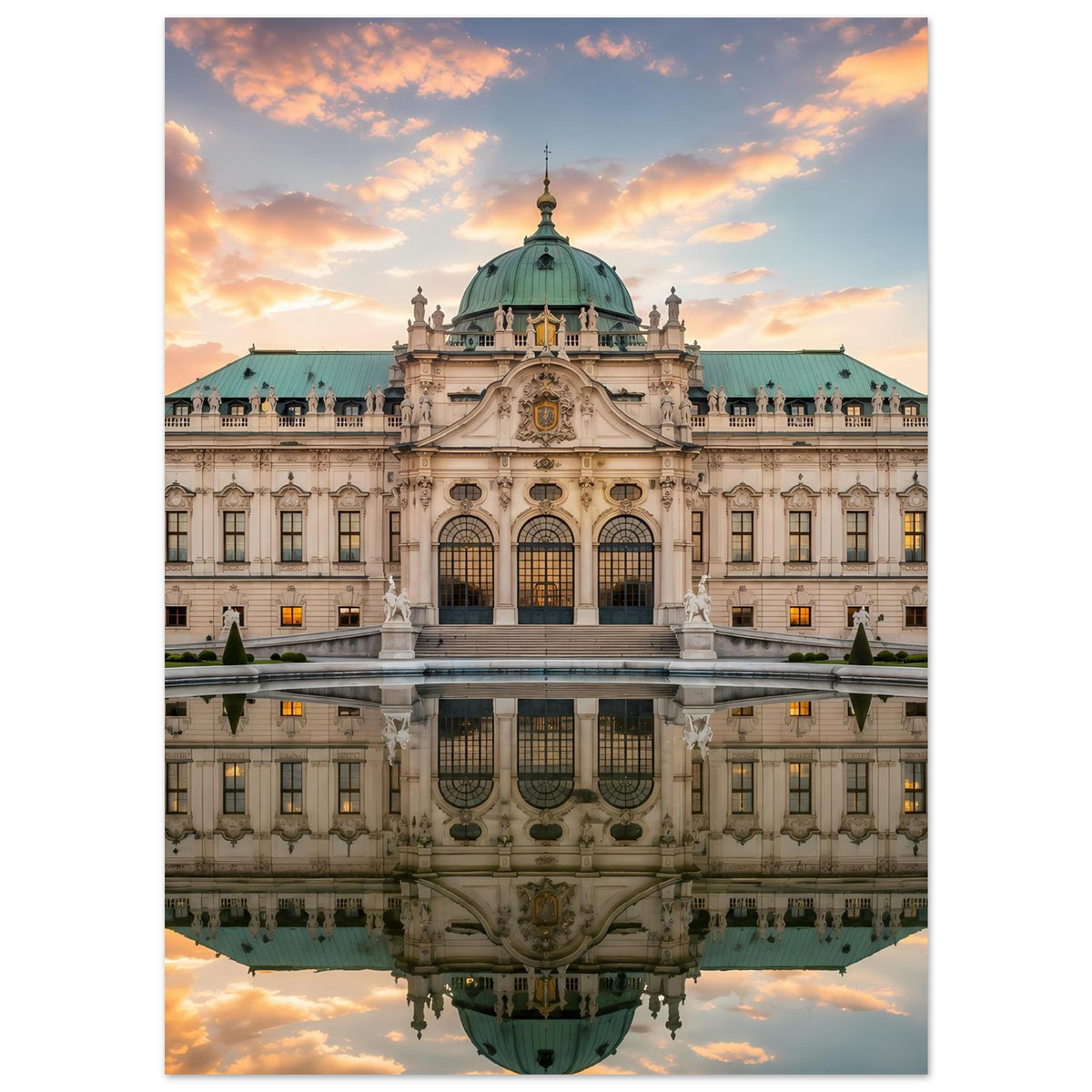 Schloss-Poster im Hochformat: Barockpalast mit Wasserspiegelung, Detail am Eingangsportal