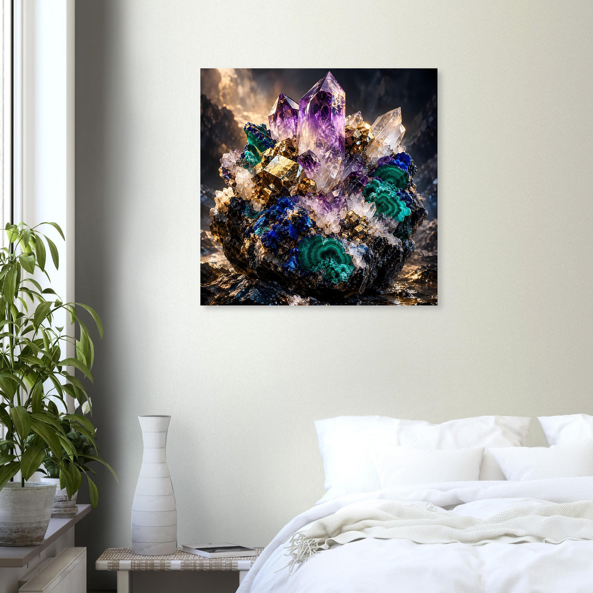 Kristallposter: leuchtende violette Kristalle mit grünem Malachit und goldenen Funken