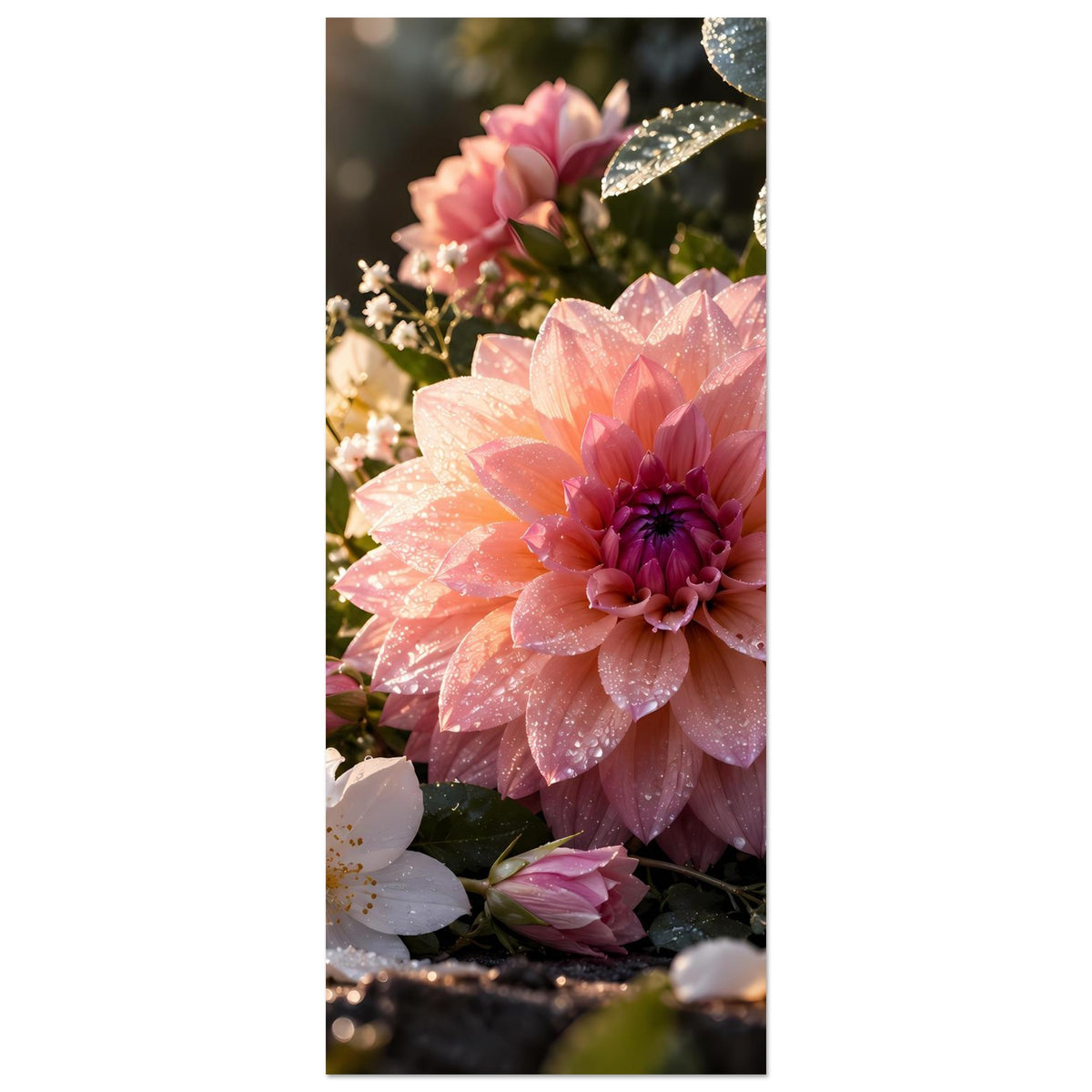 Vertikales Blumenposter mit großer rosafarbener Blüte und weißen Akzenten unten