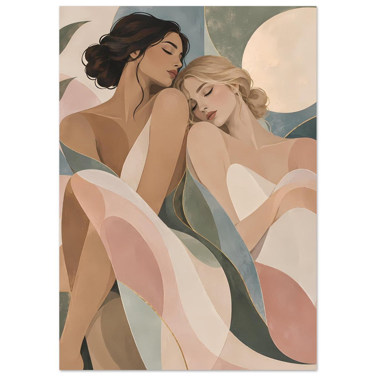 Poster mit Art‑Nouveau‑Motiv: zwei Frauen, pastellige Haut- und Töne, geschwungene Ornamente, Goldakzente