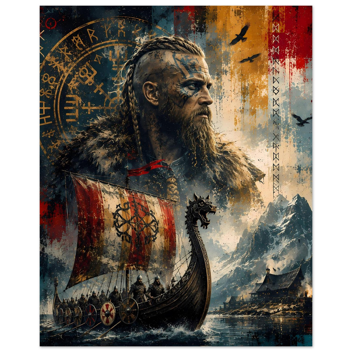 Wikinger-Poster mit Bartkrieger, Drachenkopf-Schmuck, Segelbooten und rauchigem Dunst