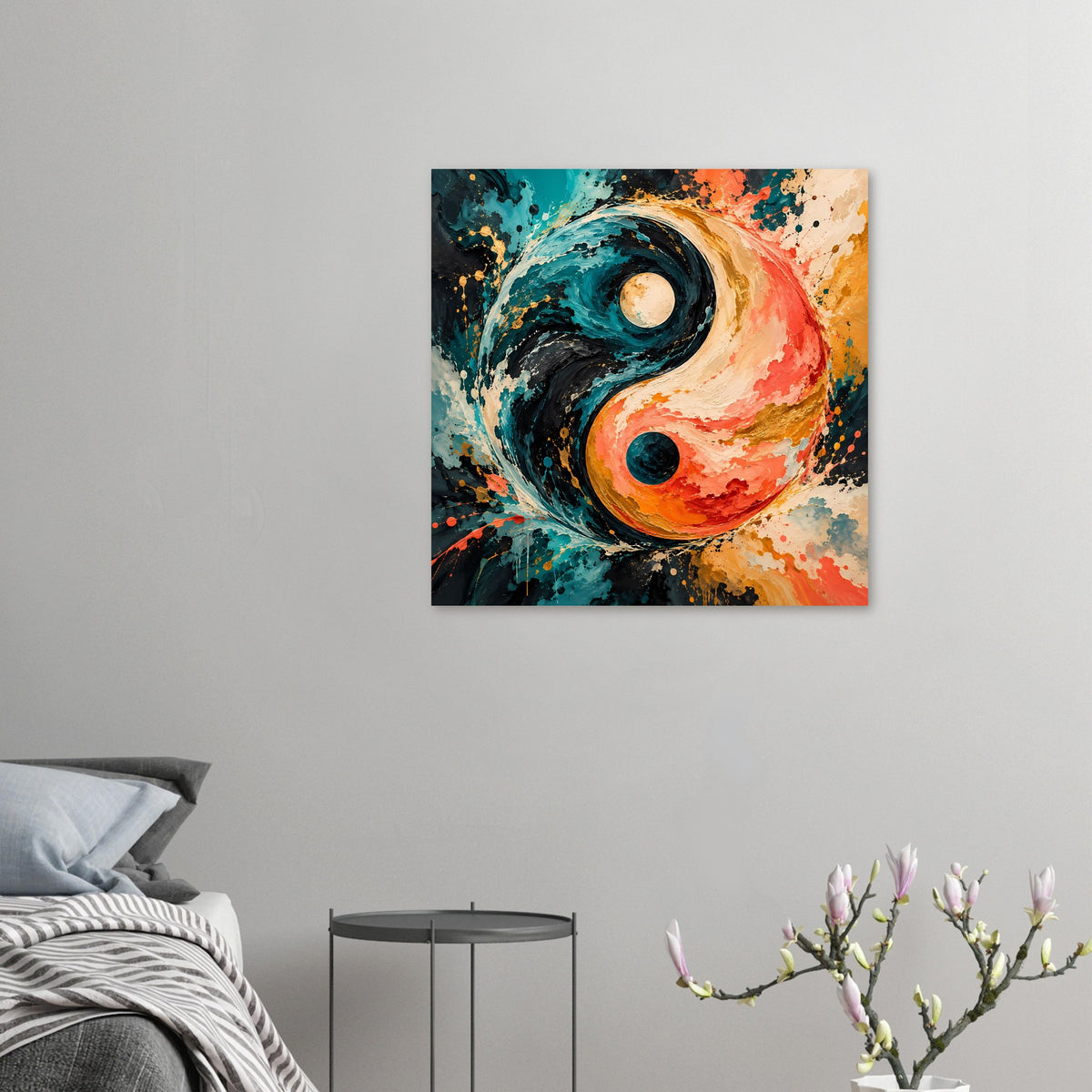 Kleines Abstraktes Yin-Yang-Poster mit Spiralen und runden Elementen in Schwarz, Türkis und Orange