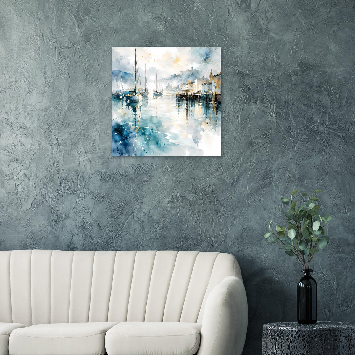 Aquarellposter mit Segelbooten im Hafen, blaues Wasser mit hellen Spiegelungen