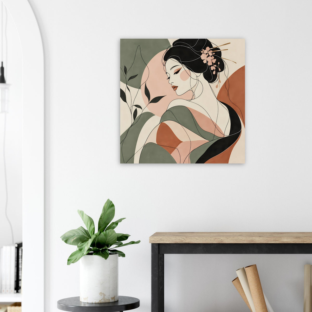Wandbild-Poster mit Geisha als Linienkunst, Profilansicht mit Blumen im Haar