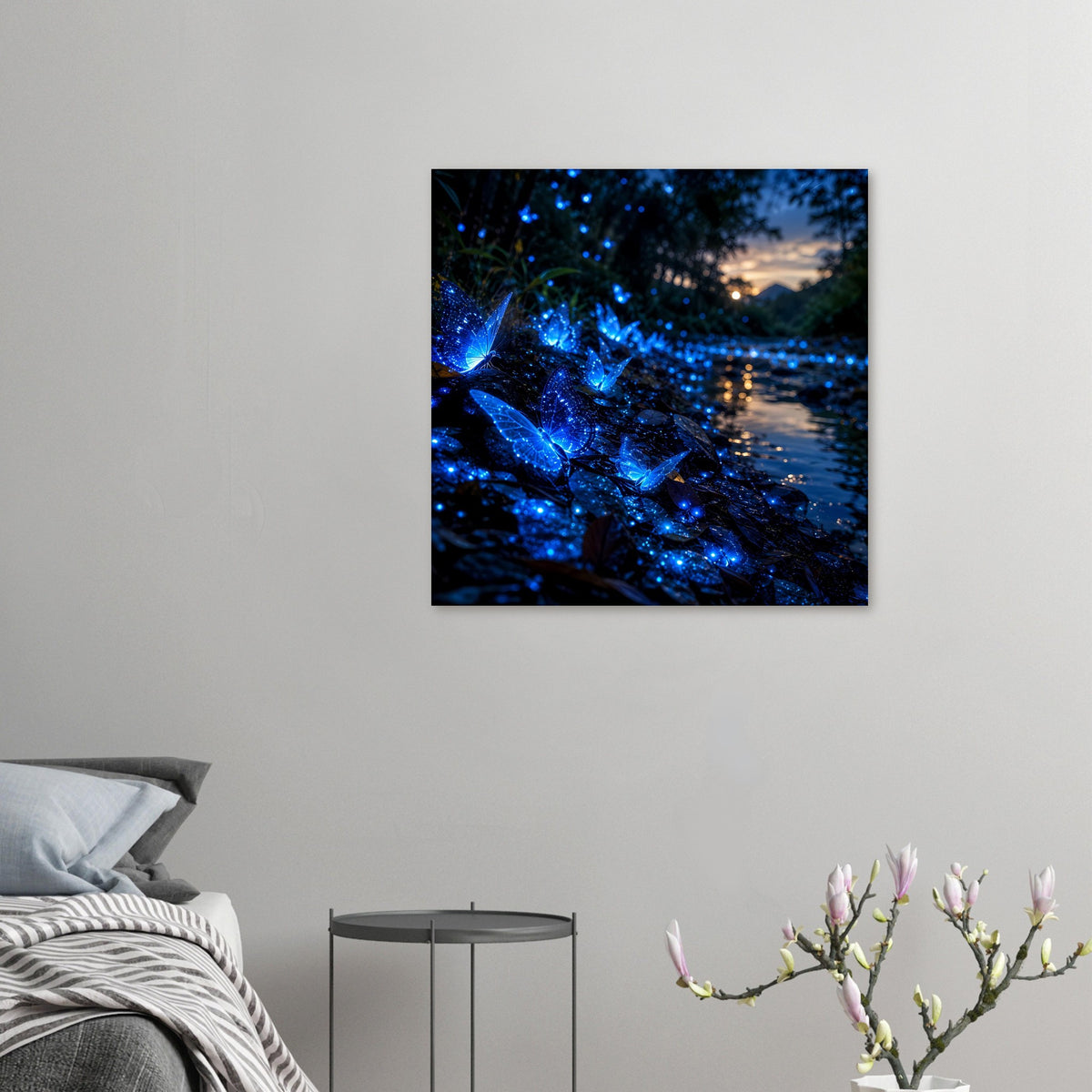 Wandbild/Poster mit leuchtendem blauem Schmetterlingsmotiv, gerahmt
