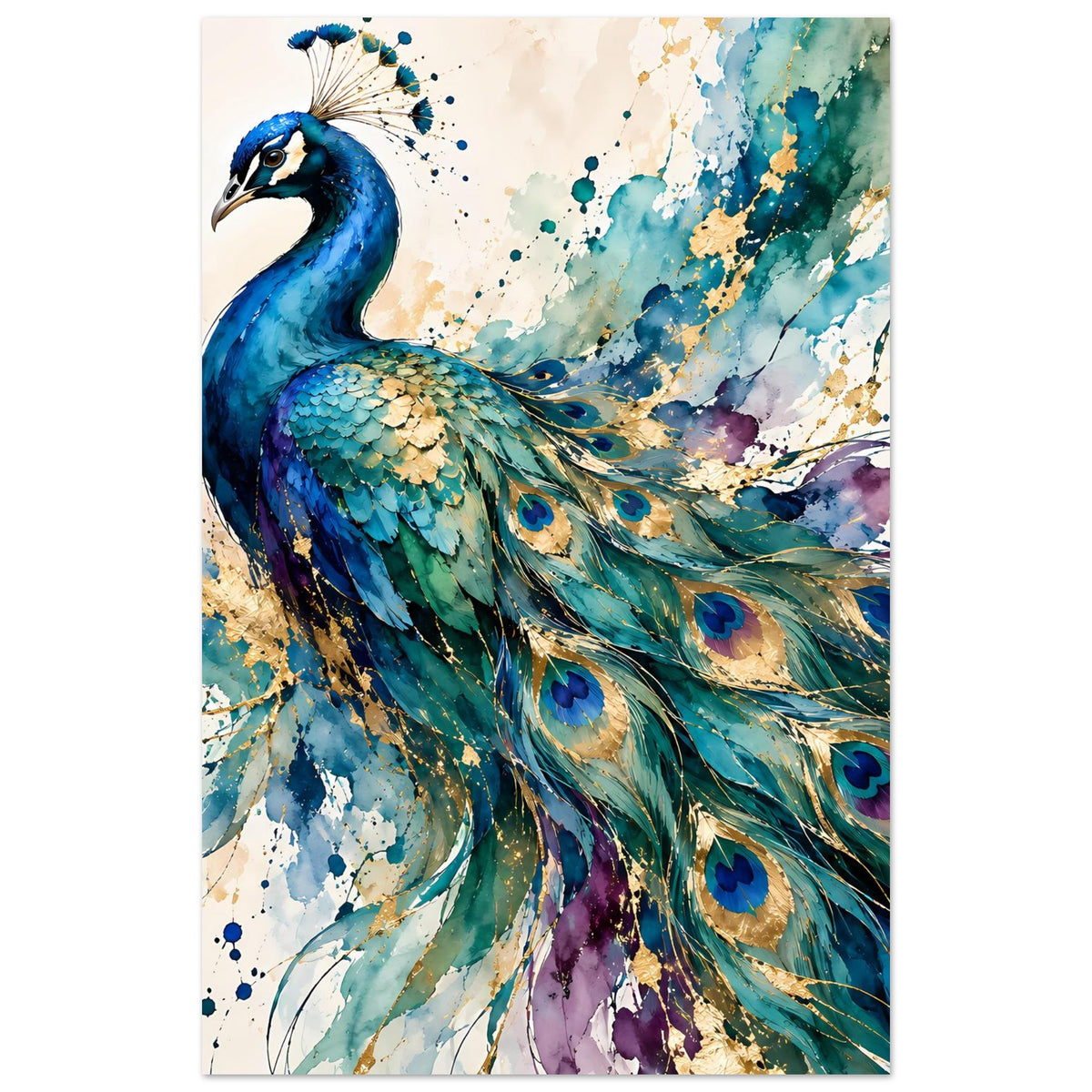 Hochformatiges Aquarell-Poster: blauer Pfau mit bunten Pfauenfedern und Federaugen-Mustern