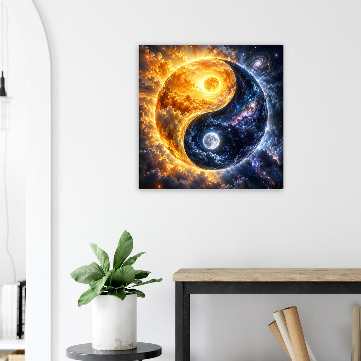 Gerahmter Artprint mit Yin-Yang: leuchtende Goldwolken und dunkles Blau mit Sternen
